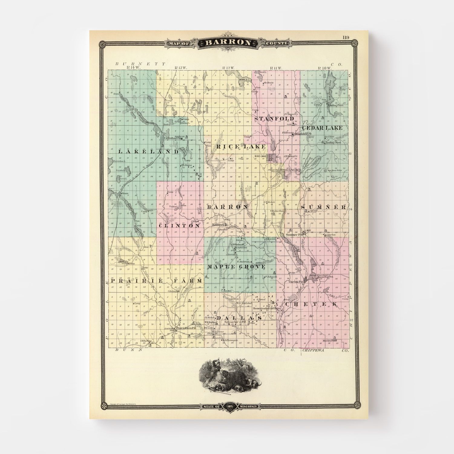 Vintage Map of Barron County, Wisconsin 1878