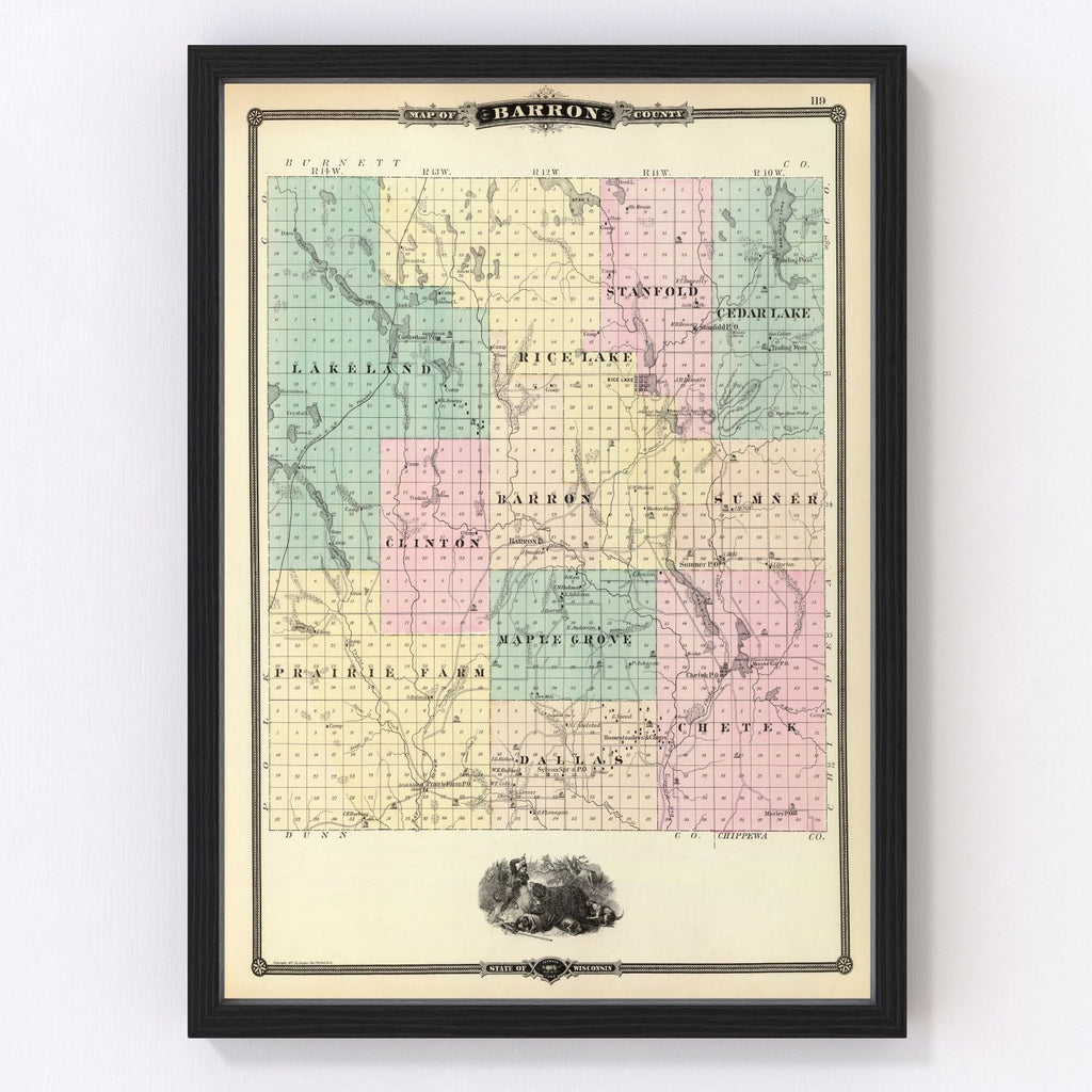 Vintage Map of Barron County, Wisconsin 1878