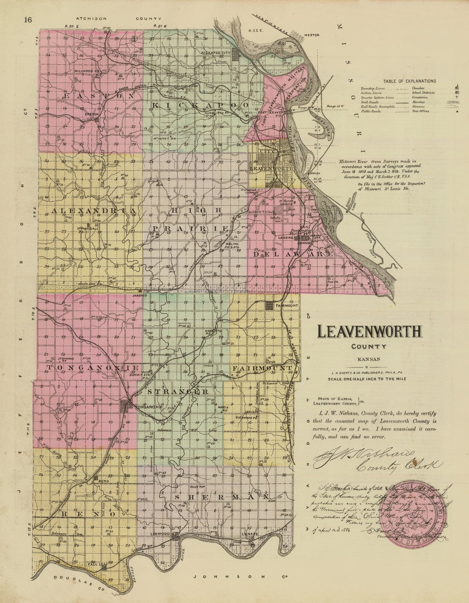 Vintage Map of Leavenworth County, Kansas 1887