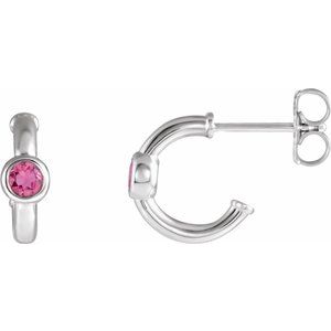 14K White Gold Natural Pink Tourmaline Huggie Hoop Earrings