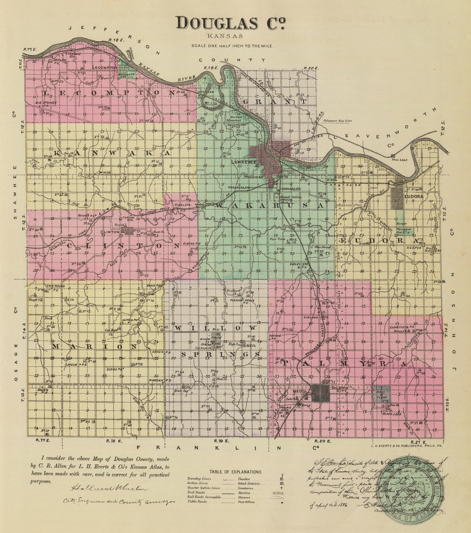 Vintage Map of Douglas County, Kansas 1887