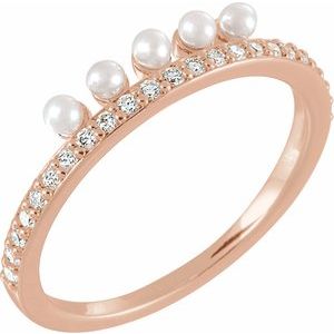 14K Rose Gold Cultured White Freshwater Pearl & 1/5 CTW Natural Diamond Stackable Ring