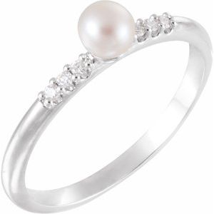 14K White Gold Cultured White Freshwater Pearl & .05 CTW Natural Diamond Ring