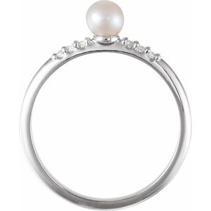 14K White Gold Cultured White Freshwater Pearl & .05 CTW Natural Diamond Ring
