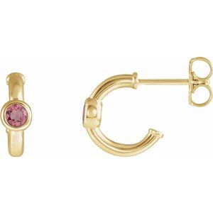 14K Yellow Gold Natural Pink Tourmaline Huggie Hoop Earrings