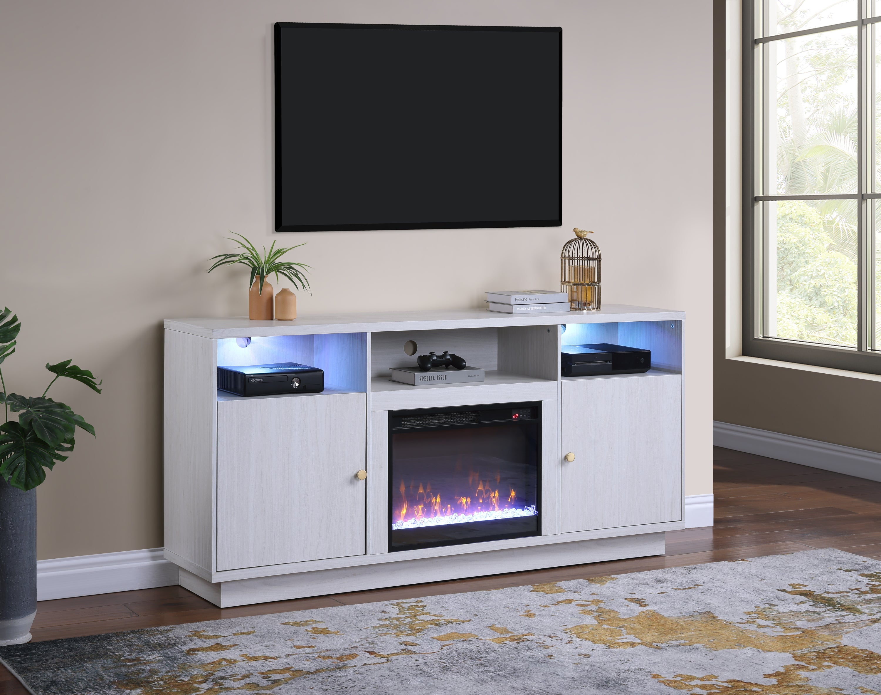 Ambrose 70'W White Walnut Finish Fireplace Console TV Stand with Heater, LED Light, Cabinets, Shelves