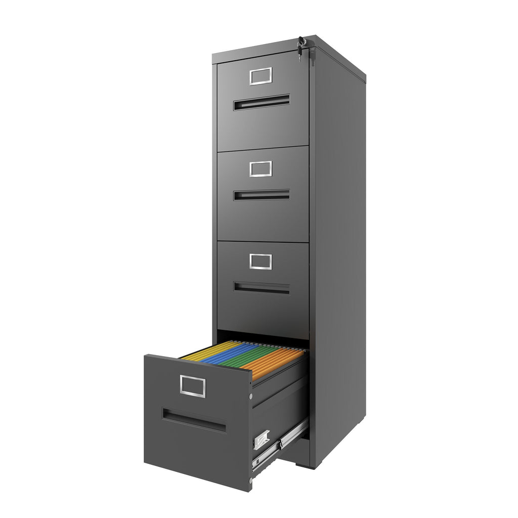 Premium 4 Drawer File Cabinet with Lock Metal Vertical File Cabinet for Office or Home in Black Steel, A4 Legal/Letter Size