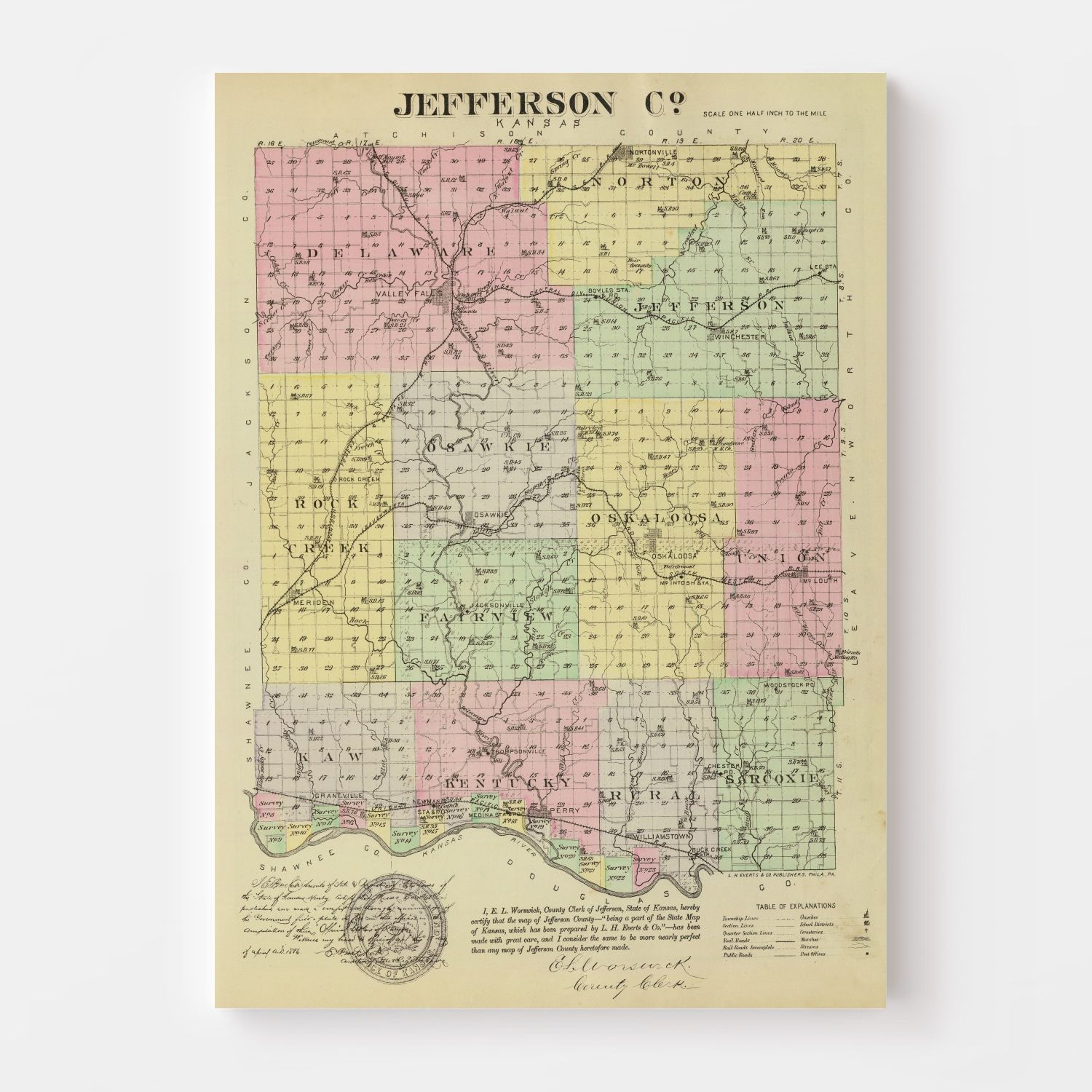 Vintage Map of Jefferson County, Kansas 1887
