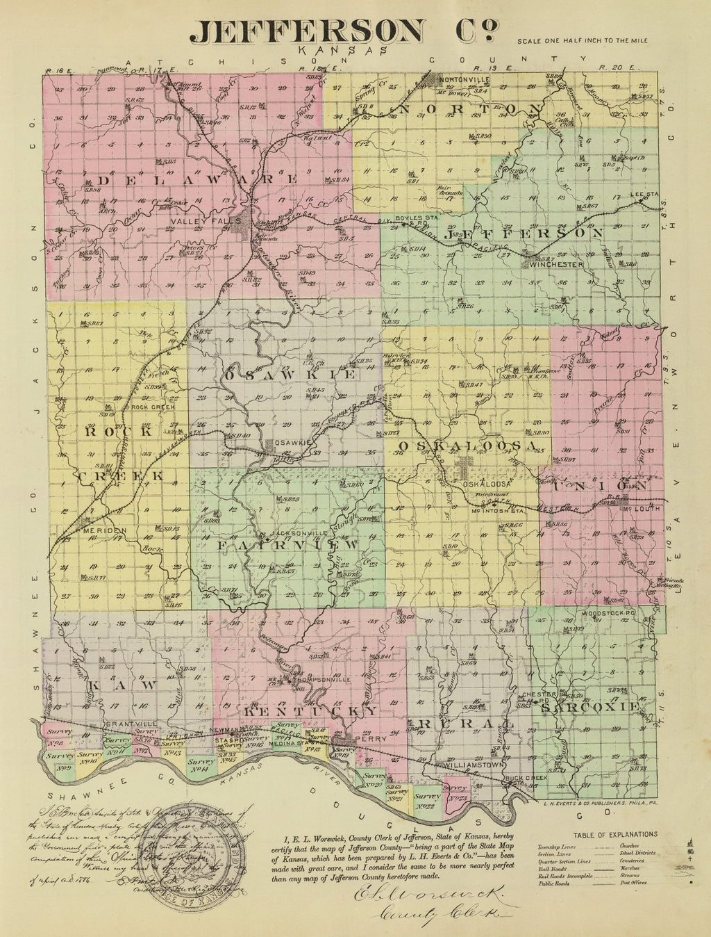 Vintage Map of Jefferson County, Kansas 1887