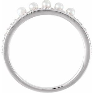 14K White Gold Cultured White Freshwater Pearl & 1/5 CTW Natural Diamond Stackable Ring