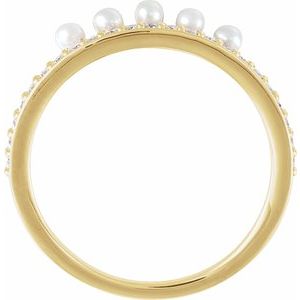 14K Yellow Gold Cultured White Freshwater Pearl & 1/5 CTW Natural Diamond Stackable Ring