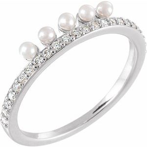 14K White Gold Cultured White Freshwater Pearl & 1/5 CTW Natural Diamond Stackable Ring
