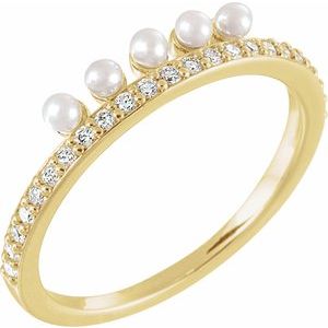 14K Yellow Gold Cultured White Freshwater Pearl & 1/5 CTW Natural Diamond Stackable Ring