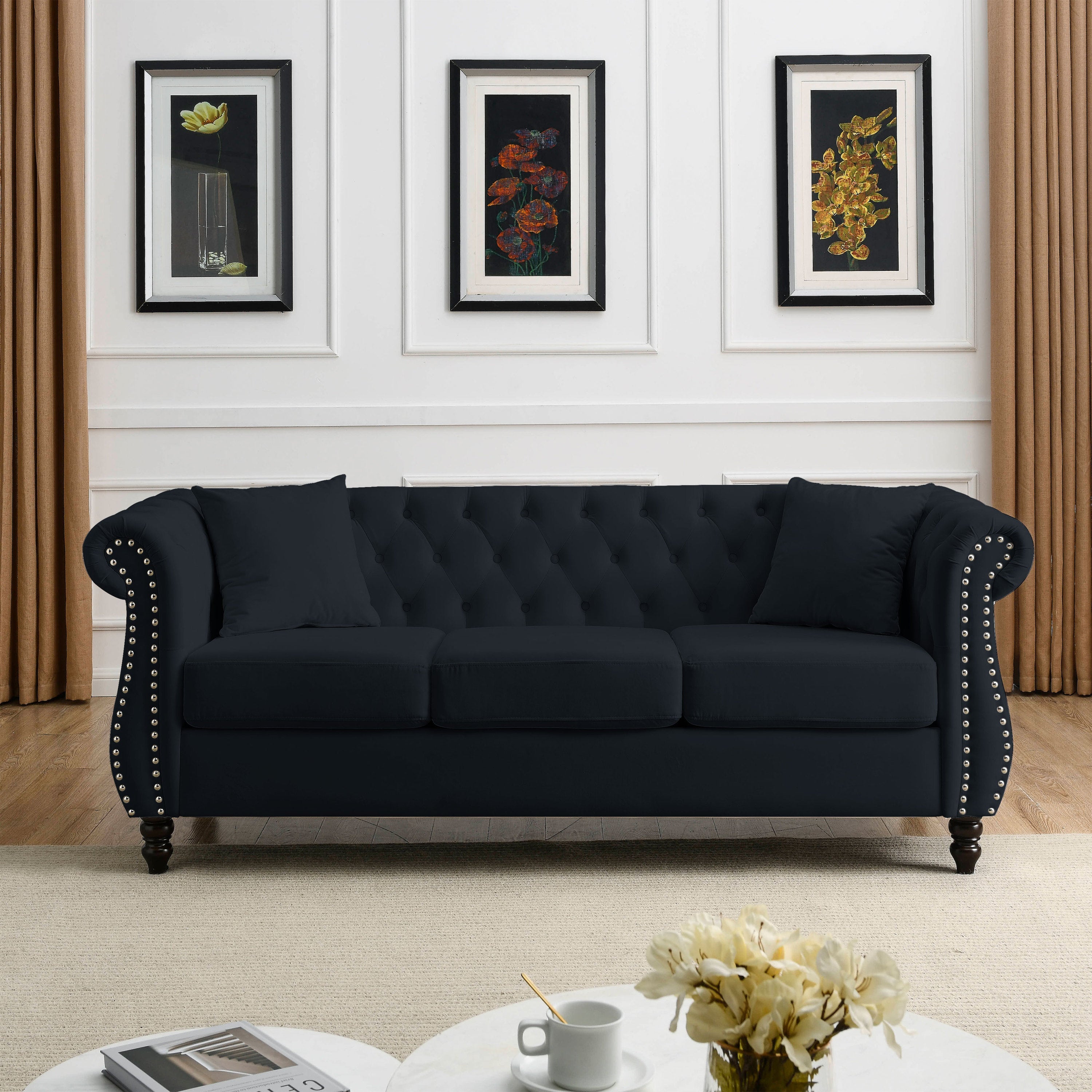 [Video] 80' Chesterfield Sofa Black Velvet for Living Room, 3 Seater Sofa Tufted Couch with Rolled Arms and Nailhead for Living Room, Bedroom, Office, Apartment, two pillows