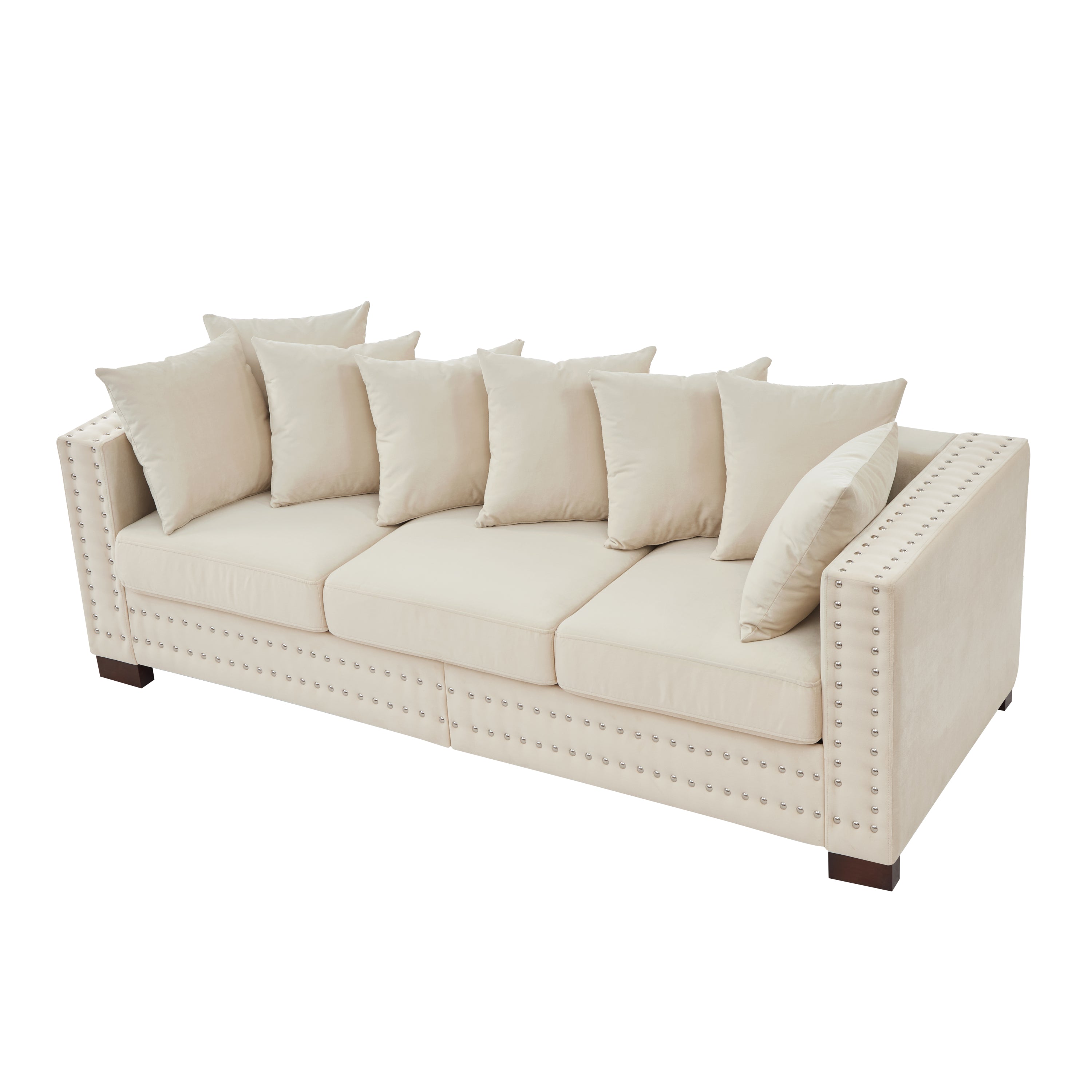 Modern Design Living Room Sofa Square armrest with Silver Nails Decoration Upholstered Velvet Couch Apricot