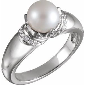 14K White Gold Cultured White Akoya Pearl & .09 CTW Natural Diamond Ring