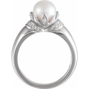 14K White Gold Cultured White Akoya Pearl & .09 CTW Natural Diamond Ring