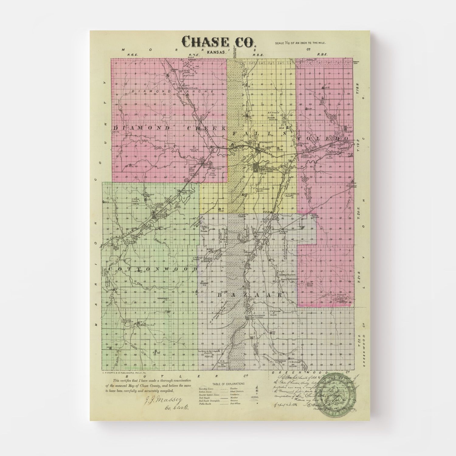 Vintage Map of Chase County, Kansas 1887