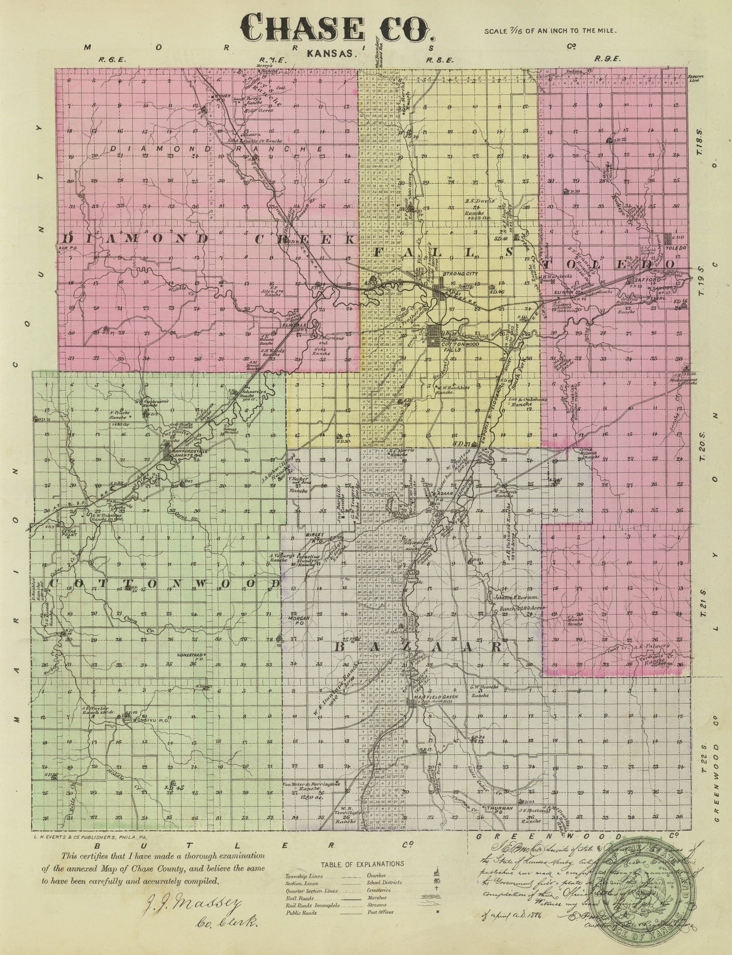 Vintage Map of Chase County, Kansas 1887