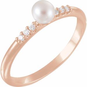 14K Rose Gold Cultured White Freshwater Pearl & .05 CTW Natural Diamond Ring