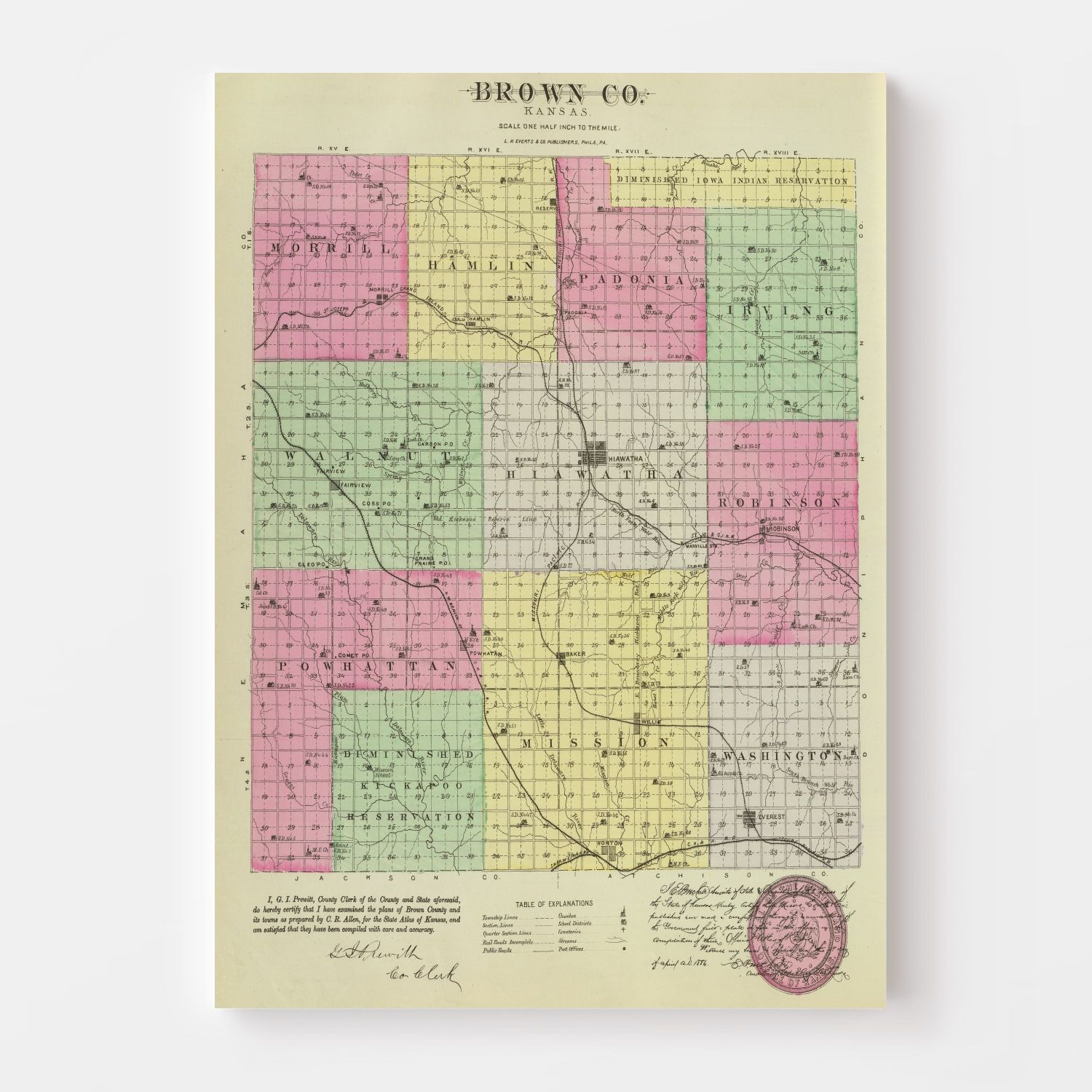 Vintage Map of Brown County, Kansas 1887
