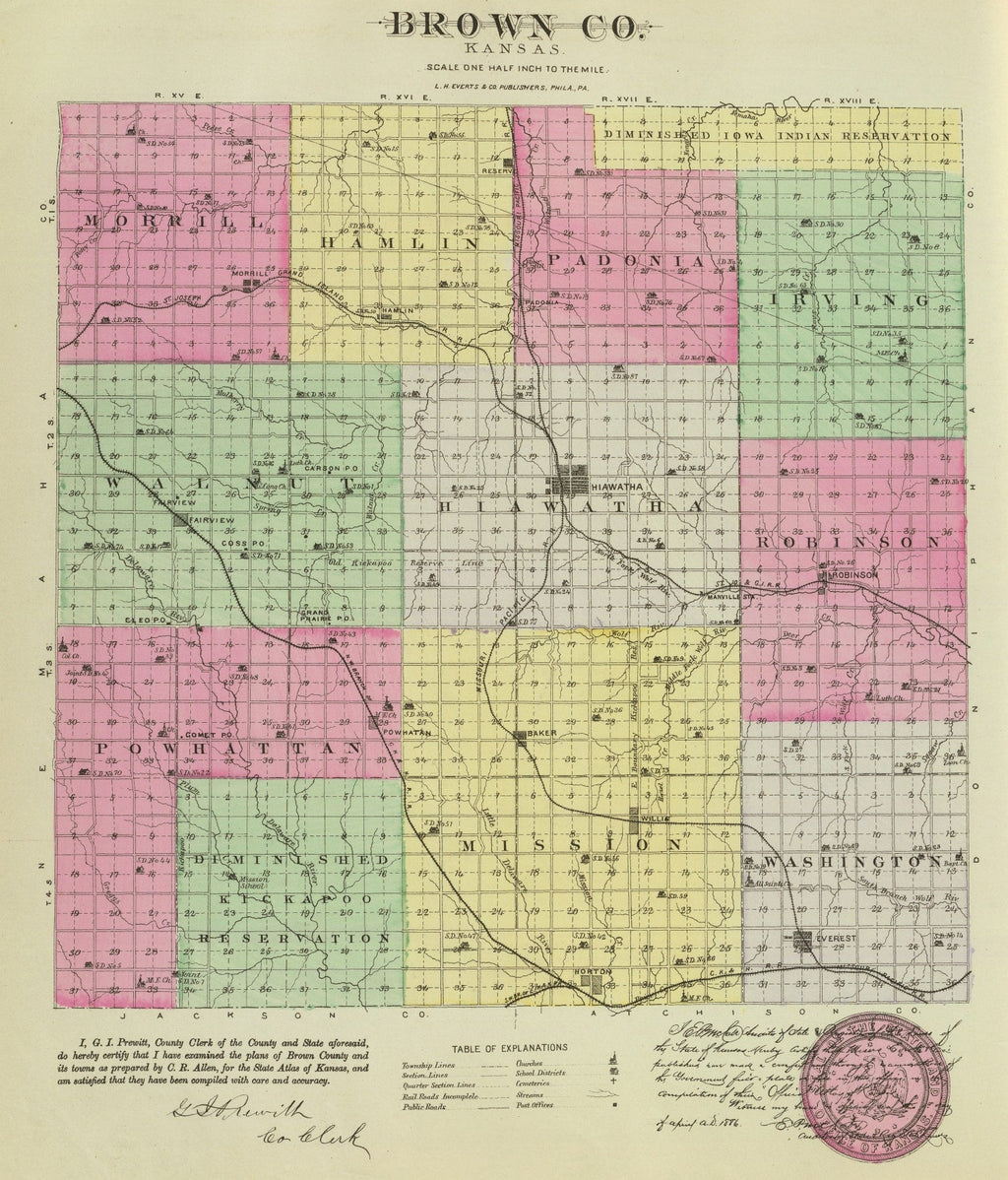 Vintage Map of Brown County, Kansas 1887