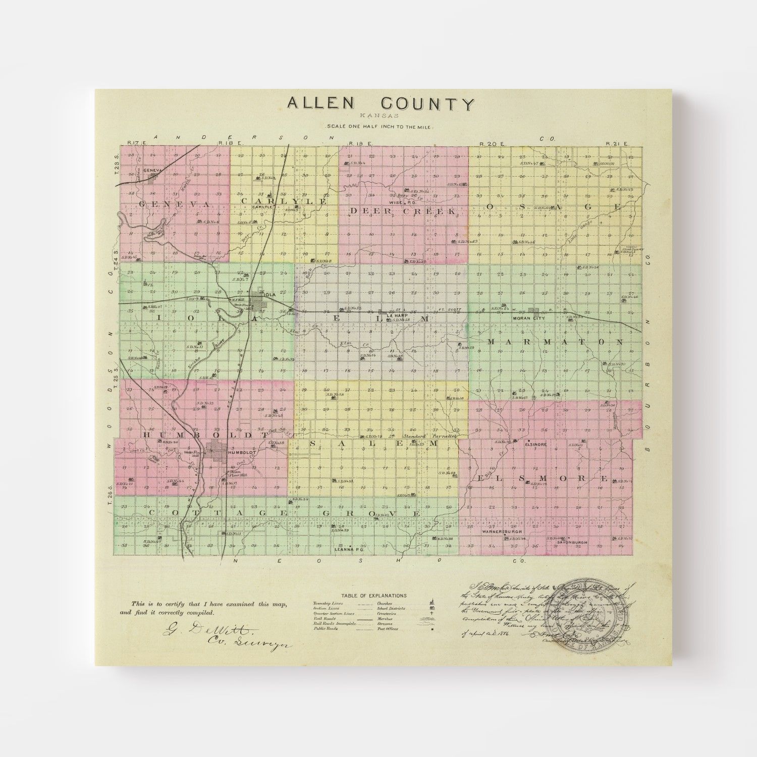 Vintage Map of Allen County, Kansas 1887