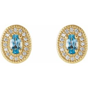 14K Yellow Gold 5x3 mm Natural Aquamarine & 1/8 CTW Natural Diamond Halo-Style Earrings – image 2