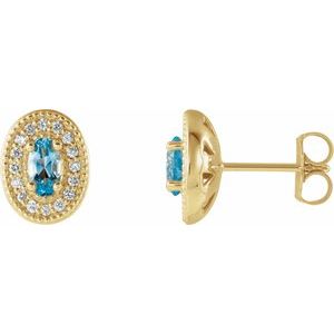 14K Yellow Gold 5x3 mm Natural Aquamarine & 1/8 CTW Natural Diamond Halo-Style Earrings