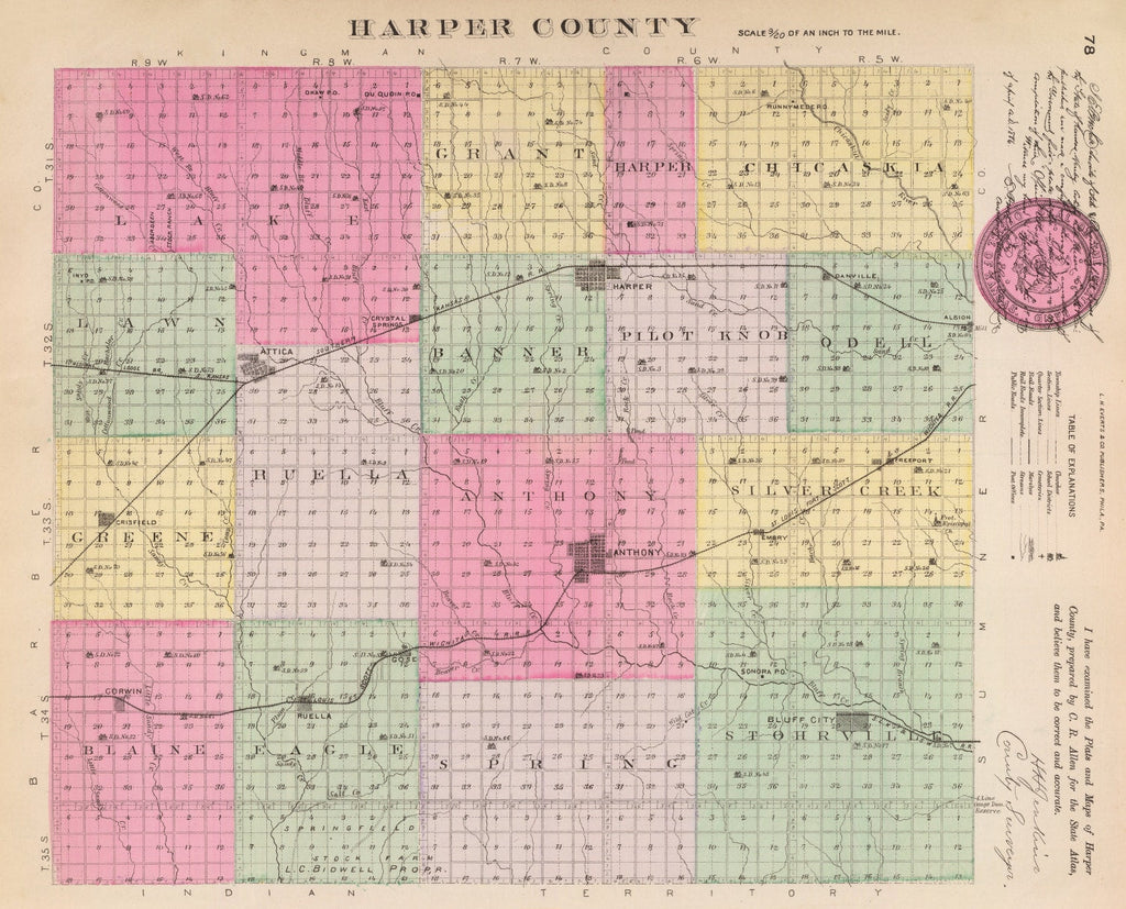 Vintage Map of Harper County, Kansas 1887