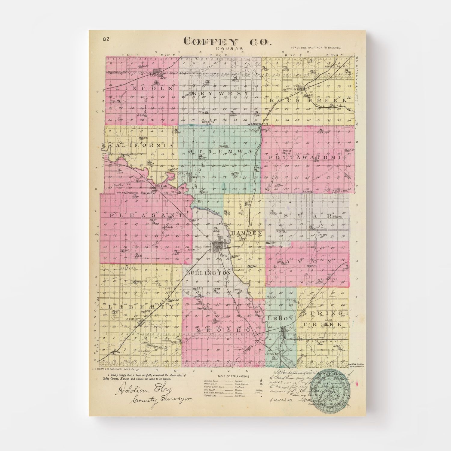 Vintage Map of Coffey County, Kansas 1887