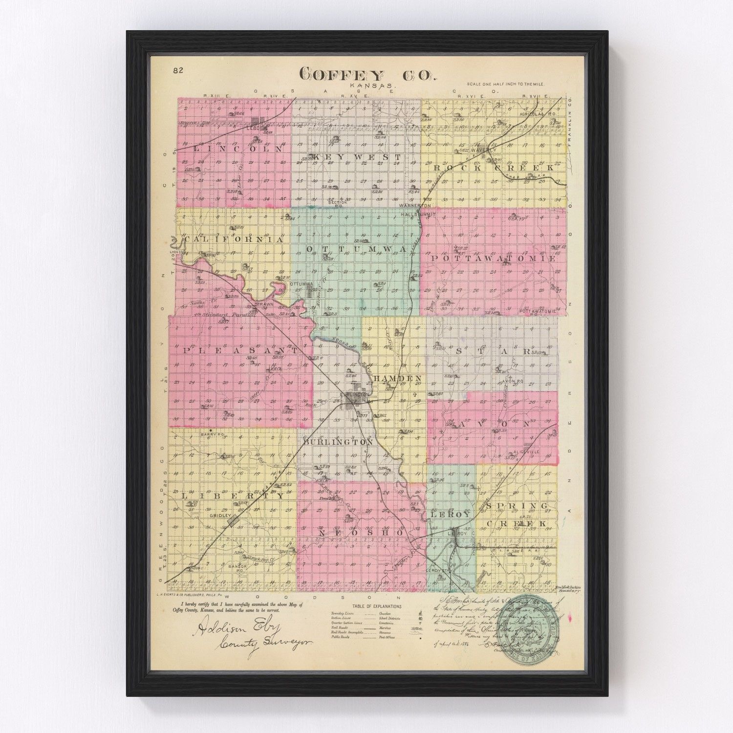 Vintage Map of Coffey County, Kansas 1887