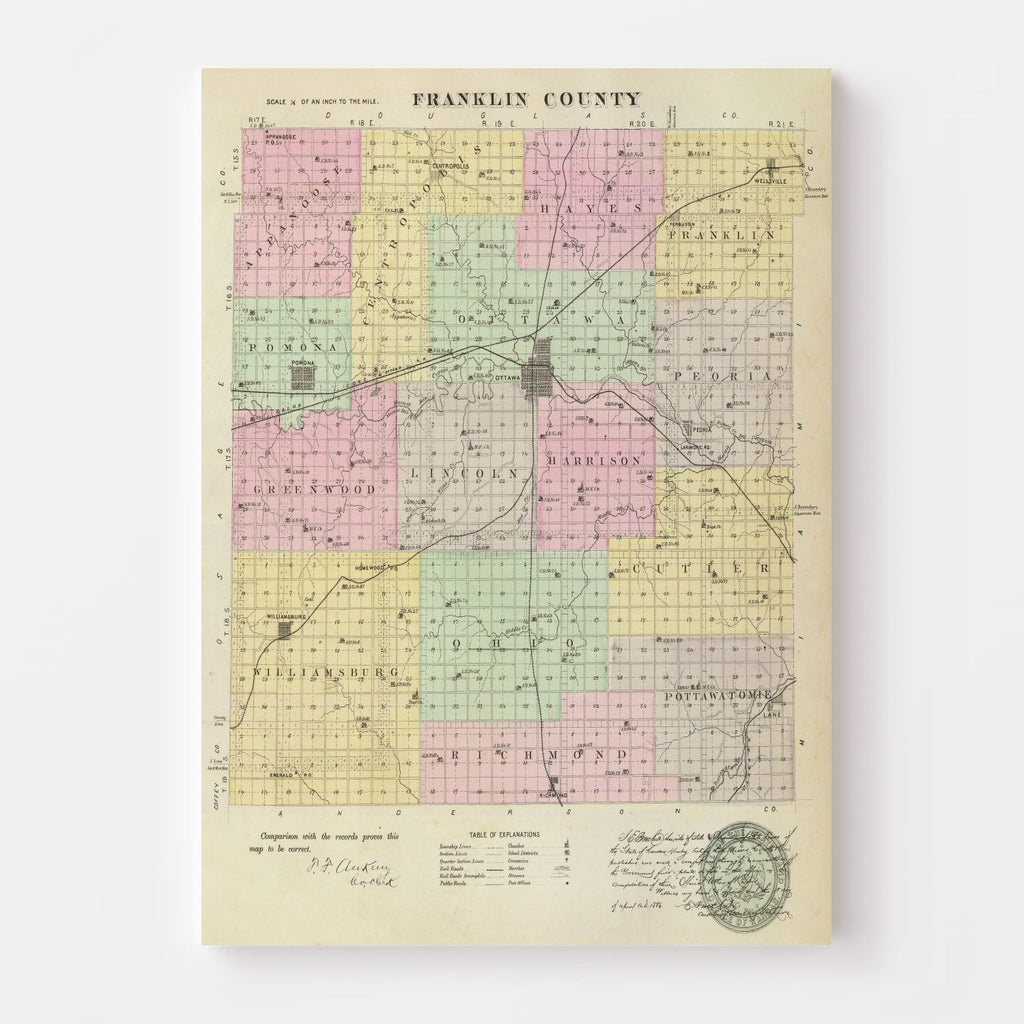 Vintage Map of Franklin County, Kansas 1887