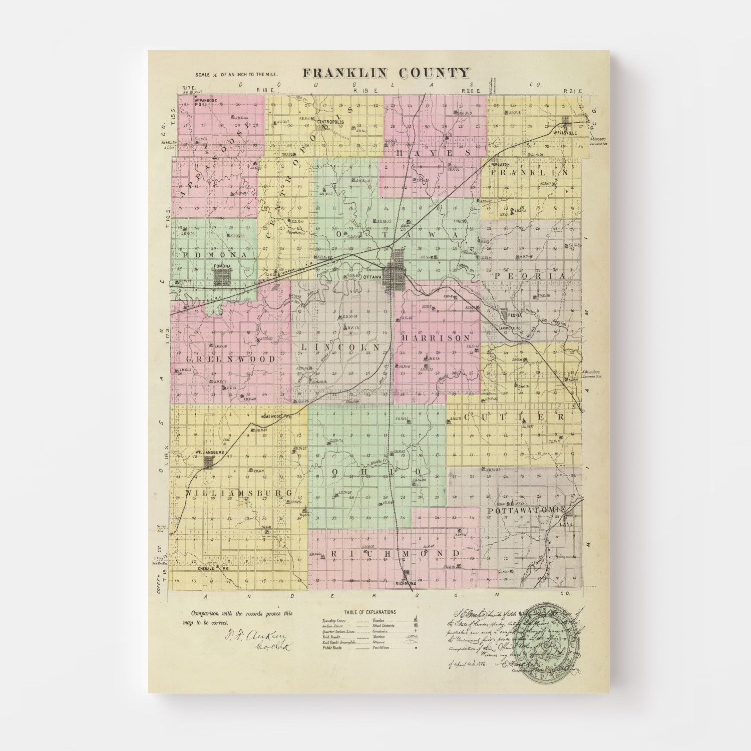 Vintage Map of Franklin County, Kansas 1887