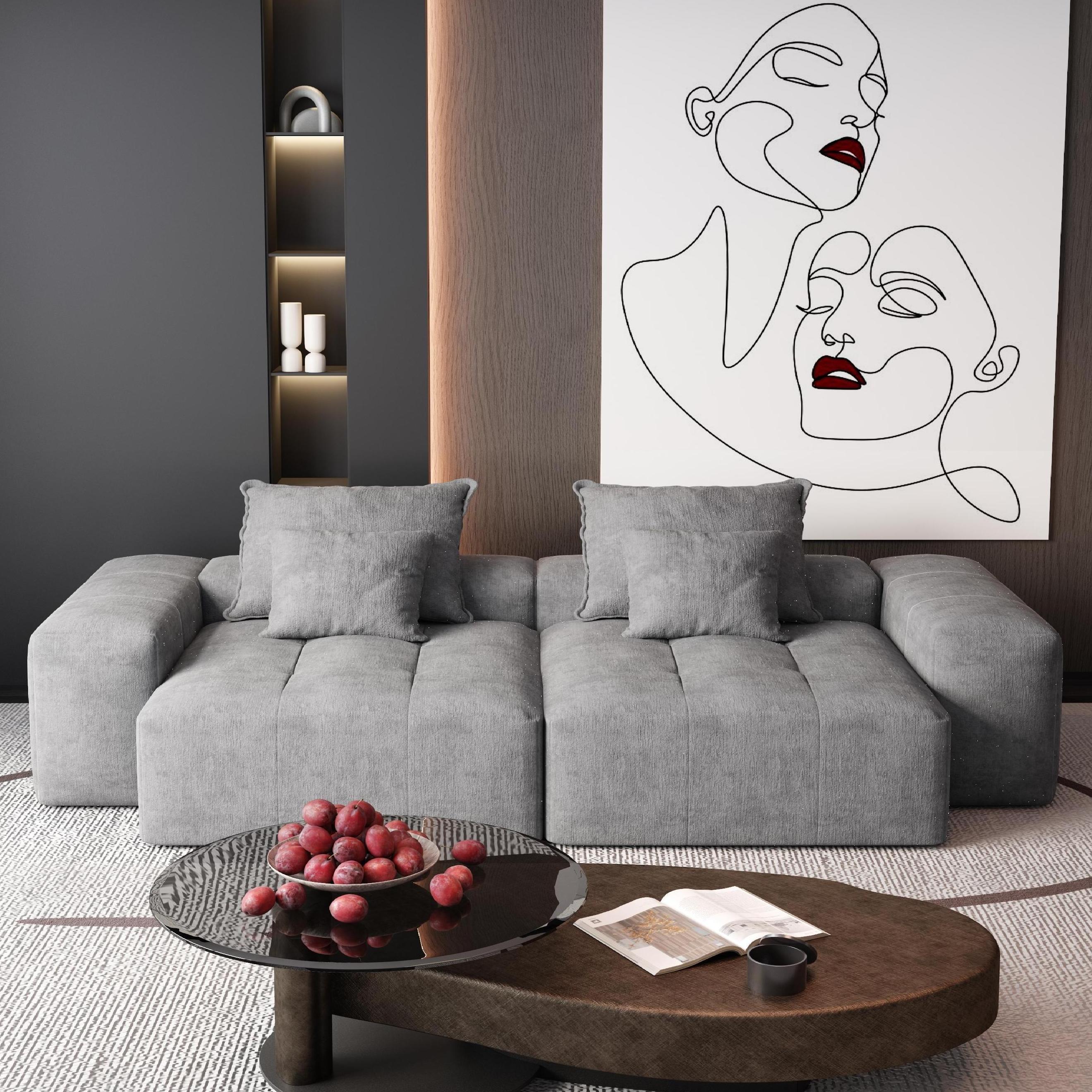Modern Oversized Modular Sectional Sofa with 2 Chaise Lounge and 2 Armrest, Sparkling Chenille Fabric Soft Cushion Sofa with 4 Pillows, 4 PCS DIY Combination Tufted Sofa, No Assembly Required, GREY