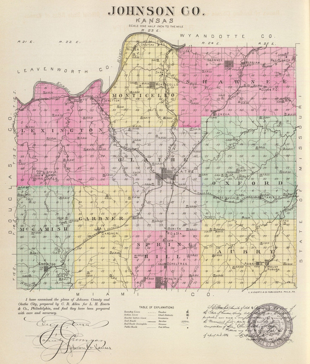 Vintage Map of Johnson County, Kansas 1887