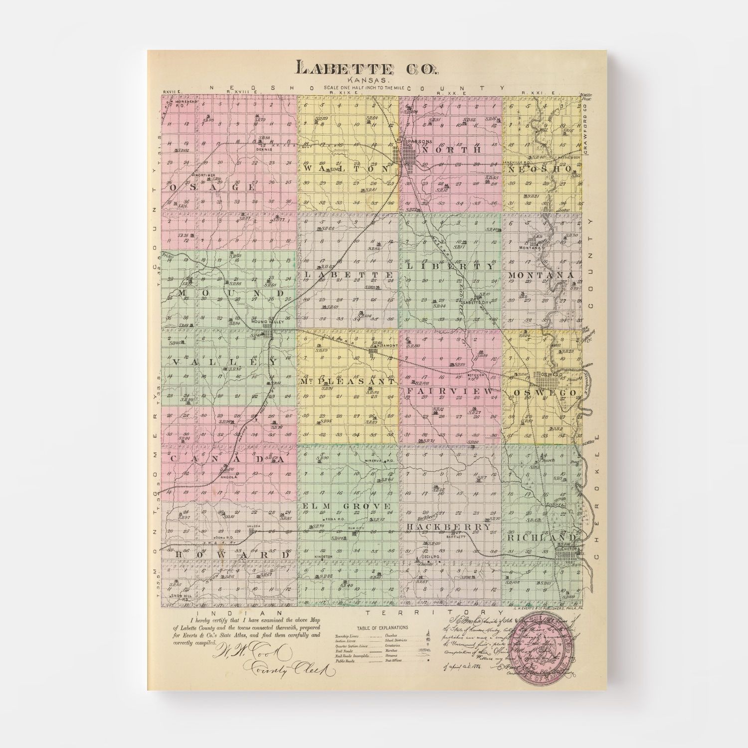 Vintage Map of Labette County, Kansas 1887