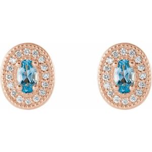 14K Rose Gold 5x3 mm Natural Aquamarine & 1/8 CTW Natural Diamond Halo-Style Earrings