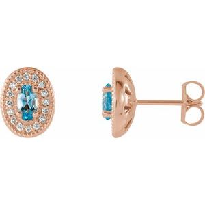 14K Rose Gold 5x3 mm Natural Aquamarine & 1/8 CTW Natural Diamond Halo-Style Earrings