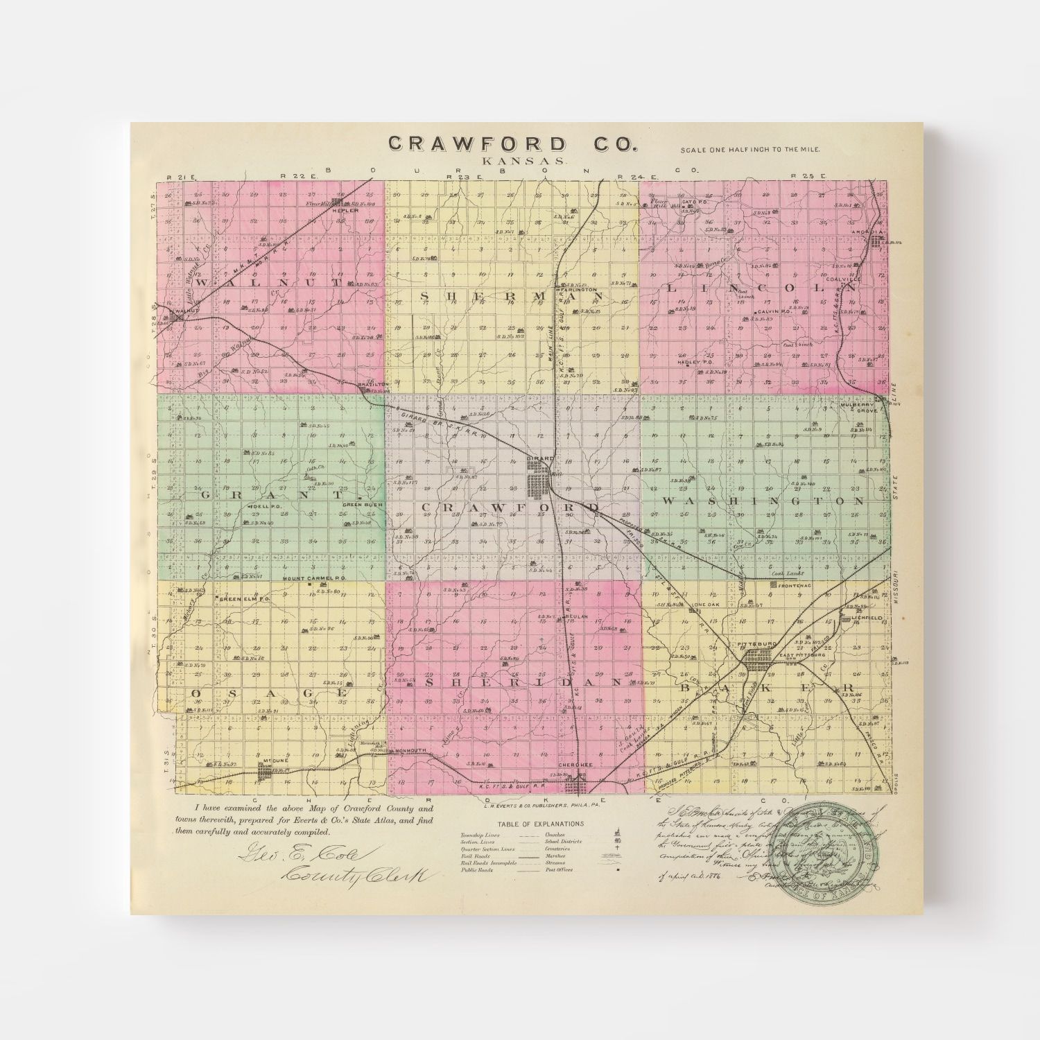 Vintage Map of Crawford County, Kansas 1887