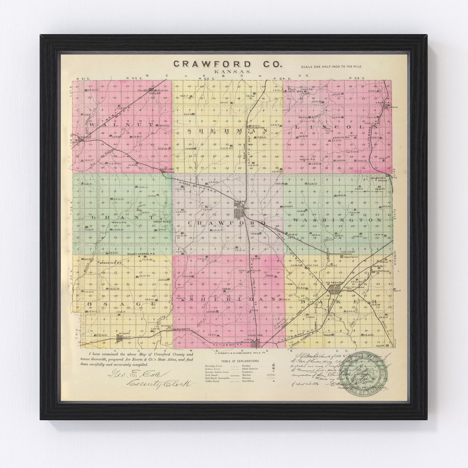 Vintage Map of Crawford County, Kansas 1887