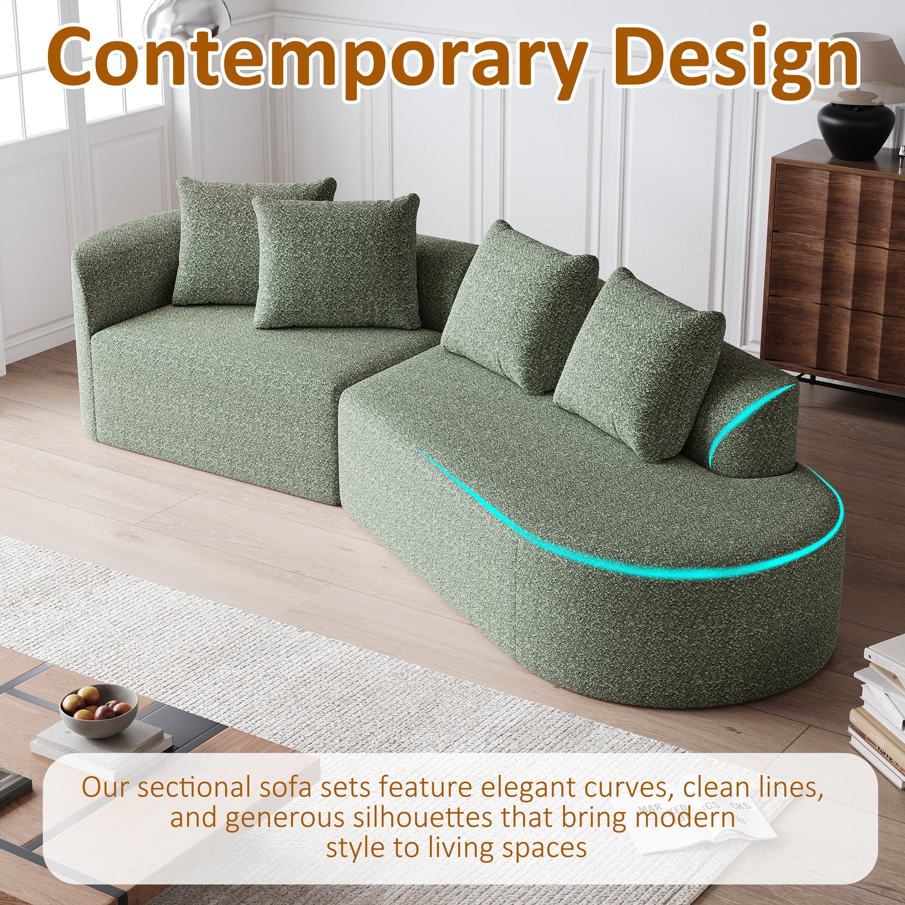 Modern Upholstered Oversized Sectional Sofa, 112-Inch Chenille 4-Seater Extra Deep & Wide Seat Curved Cloud Couch with 4 Throw Pillows, Free Combination Sofa Couch for Living Room,Bedroom