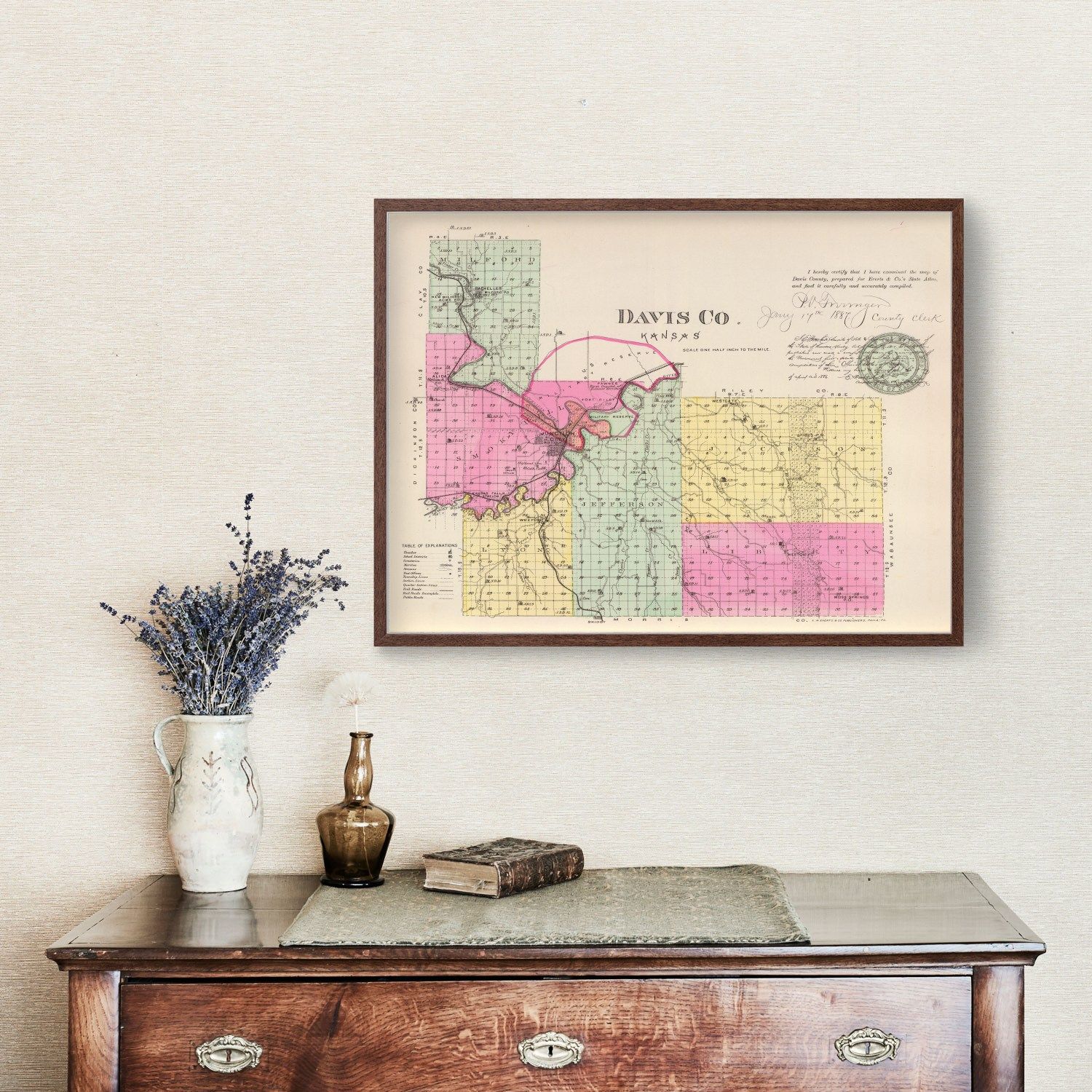 Vintage Map of Davis County, Kansas 1887