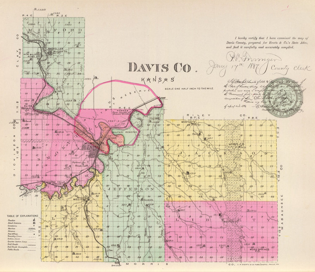 Vintage Map of Davis County, Kansas 1887