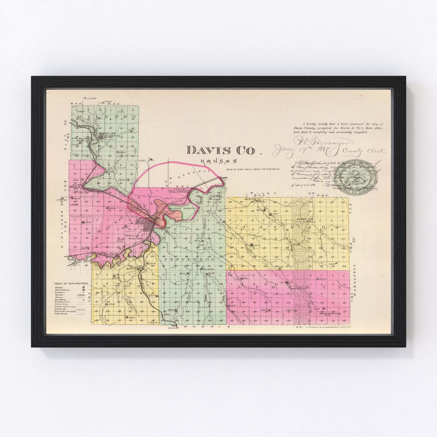Vintage Map of Davis County, Kansas 1887