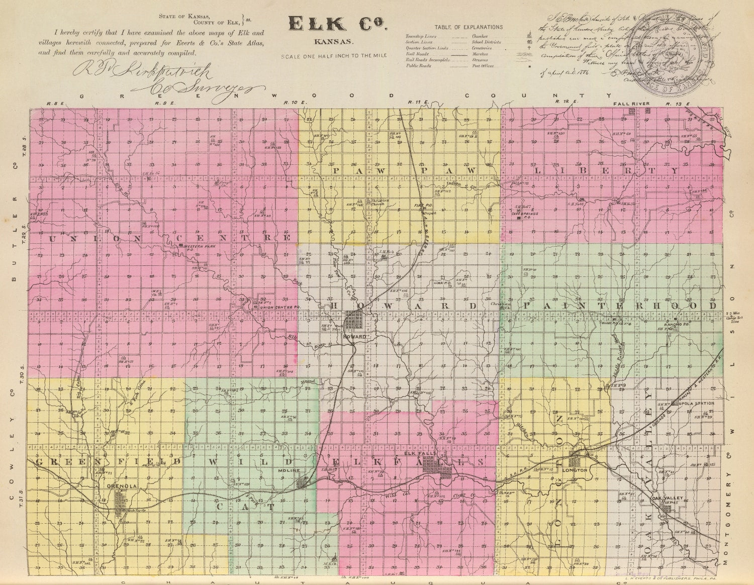 Vintage Map of Elk County, Kansas 1887