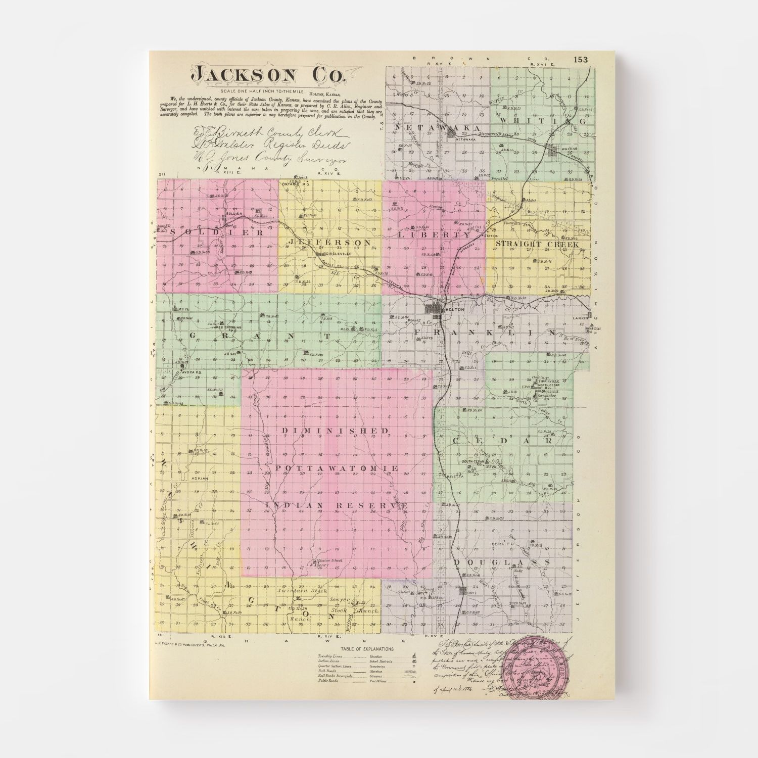 Vintage Map of Jackson County, Kansas 1887