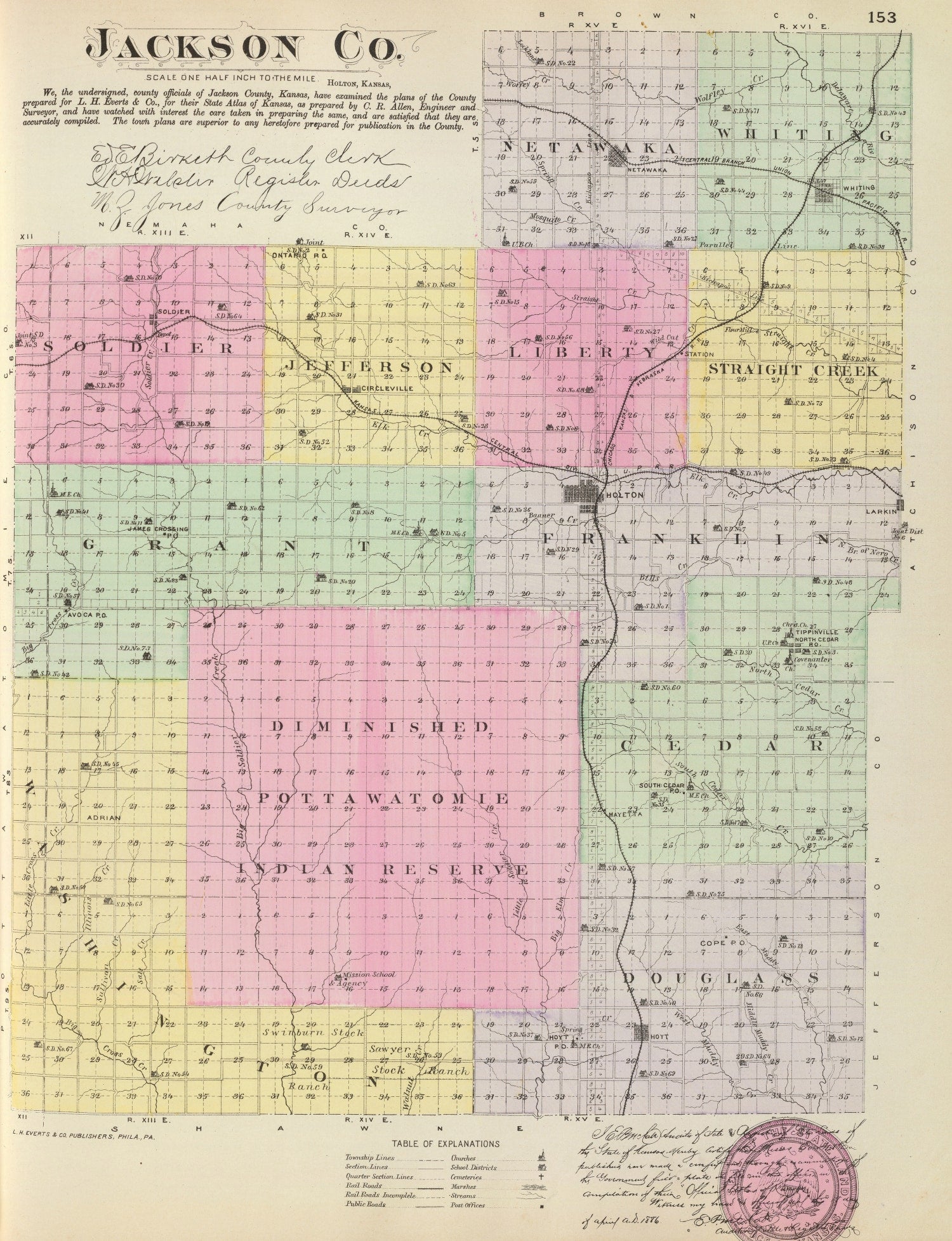Vintage Map of Jackson County, Kansas 1887
