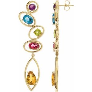 14K Yellow Gold Natural Amethyst, Natural Swiss Blue Topaz, Natural Peridot, Natural Pink Tourmaline & Natural Citrine Earrings