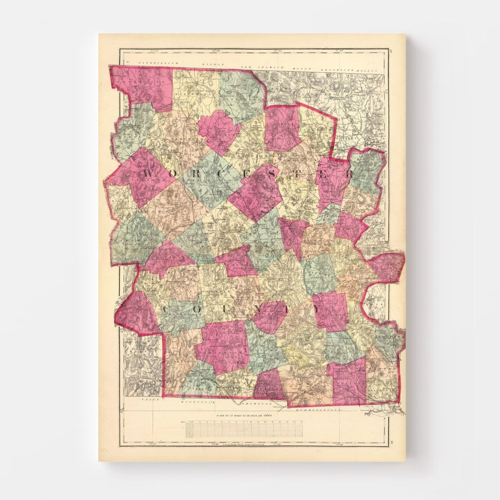 Vintage Map of Worcester County, Massachusetts 1871